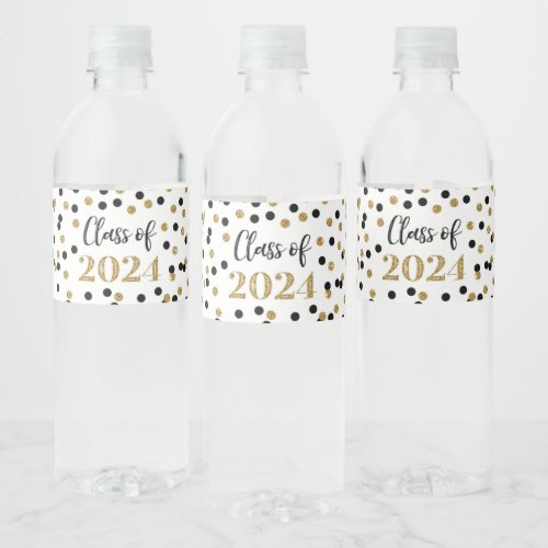 Black Gold Glitter Confetti Graduation Water Bottle Label