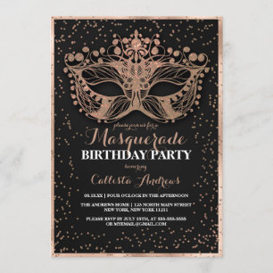 Black Gold Glitter Confetti Masquerade Birthday Invitation