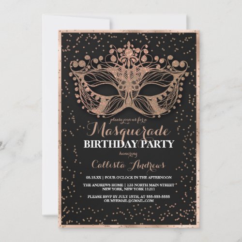 Black Gold Glitter Confetti Masquerade Birthday Invitation