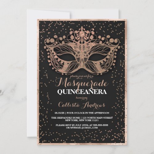 Black Gold Glitter Confetti Masquerade Quinceaera Invitation