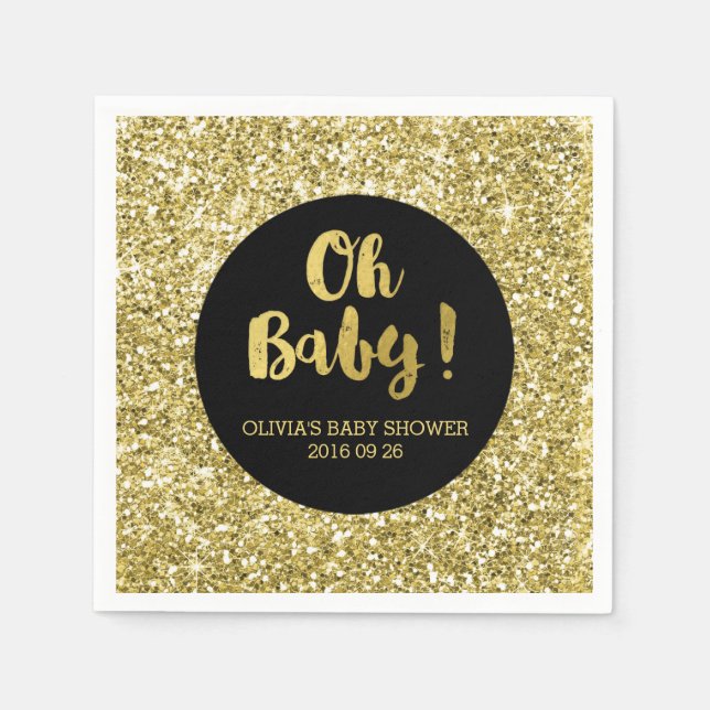 Black Gold Glitter Confetti Oh Baby Baby Shower Napkins (Front)