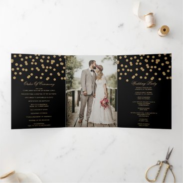 Black Gold Glitter Confetti Photo Wedding Tri-Fold Program