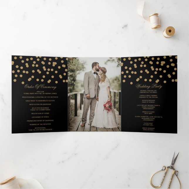Black Gold Glitter Confetti Photo Wedding Tri-Fold Program (Inside)