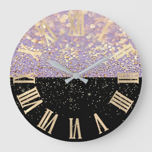 Black Gold Glitter Confetti Purple Roman Numbers Large Clock