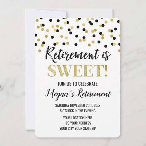 Black Gold Glitter Confetti Retirement Party Invitation