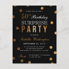 Black & Gold Glitter Confetti Surprise Party Invitation Postcard