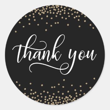 Black Gold Glitter Confetti Thank You Classic Round Sticker by MonogrammedShop at Zazzle