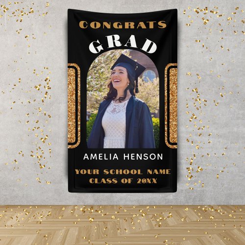 Black Gold Glitter Congrats Grad Photo Backdrop Banner