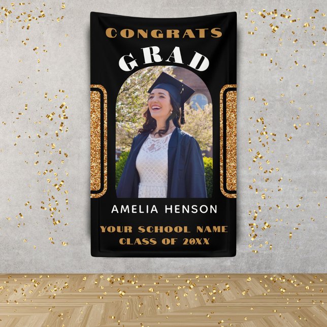 Black Gold Glitter Congrats Grad Photo Backdrop Banner (Creator Uploaded)