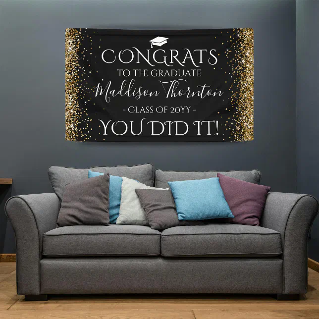Black & Gold Glitter Congrats Graduate Graduation Banner | Zazzle