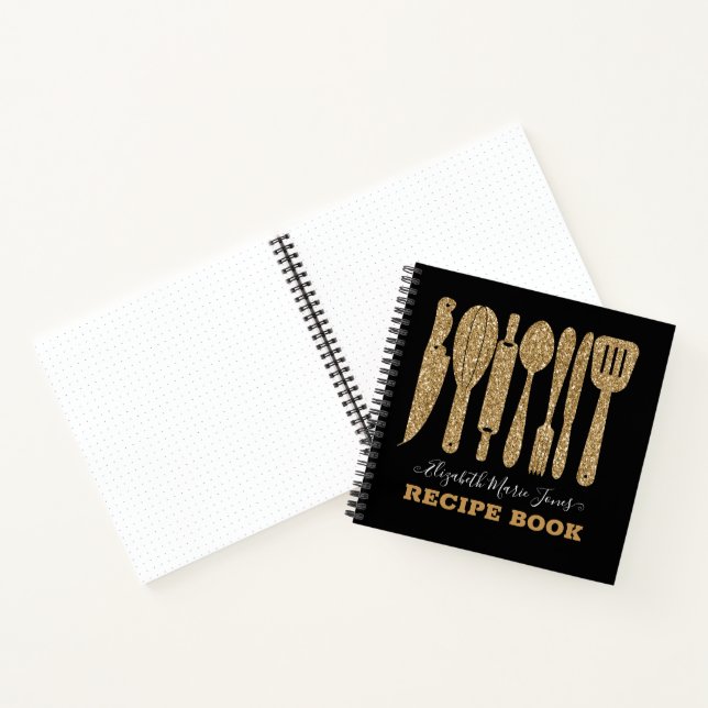 Black Gold Glitter Cooking Utensil Recipe 3 Ring B Notebook (Inside)