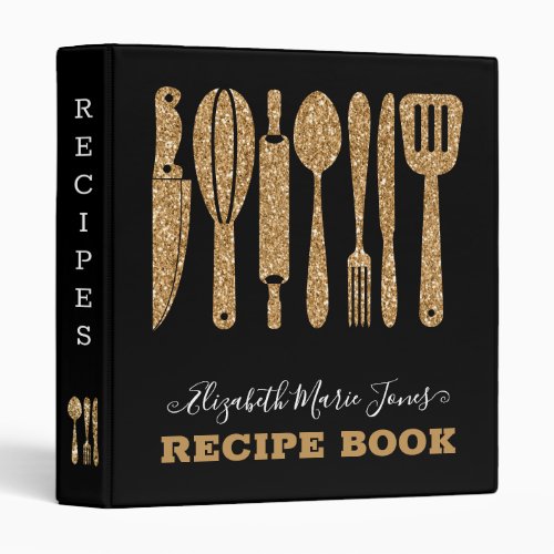 Black Gold Glitter Cooking Utensil Recipe 3 Ring Binder