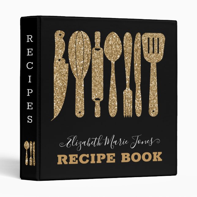 Black Gold Glitter Cooking Utensil Recipe 3 Ring Binder (Front/Spine)