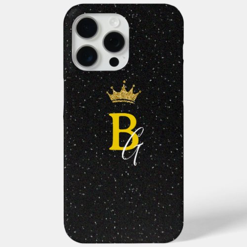 Black  Gold Glitter Crown Monogram Initial  iPhone 15 Pro Max Case