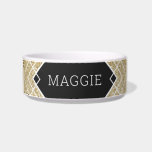 Black Gold Glitter Deco Custom Cat Dog Food<br><div class="desc">Gold glitter and black personalized dog bowl with an art deco boho mashup design featuring a modern geometric overlapping abstract chevron pattern with your cat or pet's name printed directly on the elegnat bowl.</div>