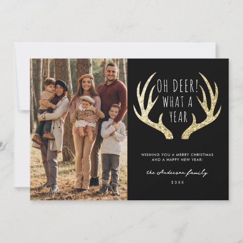 Black  Gold Glitter Deer Antlers Christmas Photo Holiday Card