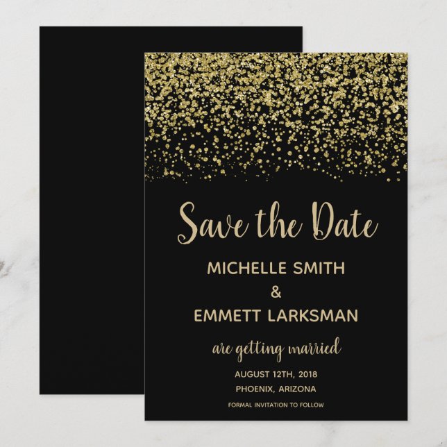 Black Gold Glitter Diamond Elegant Save the Date Invitation (Front/Back)