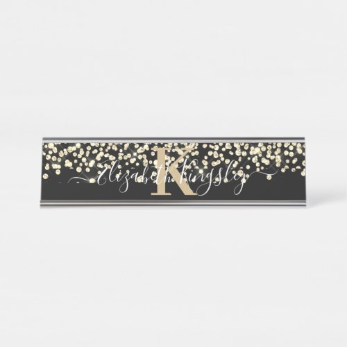 Black Gold Glitter Diamond Monogram Signature  Desk Name Plate