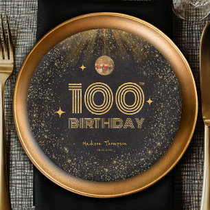 Black Gold Glitter Disco Ball Party 100th Birthday Paper Plates