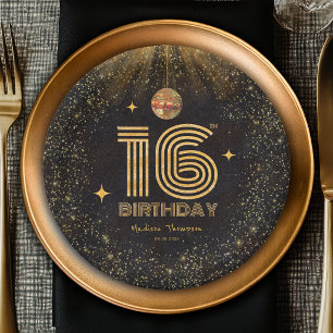 Black Gold Glitter Disco Ball Party 16th Birthday Paper Plates