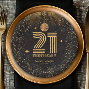 Black Gold Glitter Disco Ball Party 21st Birthday Paper Plates
