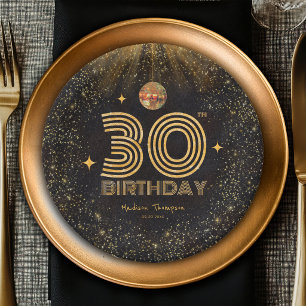Black Gold Glitter Disco Ball Party 30th Birthday Paper Plates