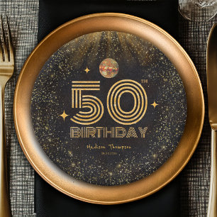 Black Gold Glitter Disco Ball Party 50th Birthday Paper Plates