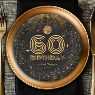 Black Gold Glitter Disco Ball Party 60th Birthday Paper Plates