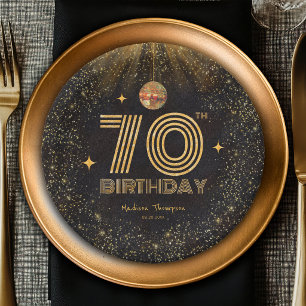 Black Gold Glitter Disco Ball Party 70th Birthday Paper Plates