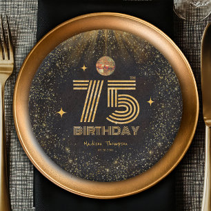 Black Gold Glitter Disco Ball Party 75th Birthday Paper Plates