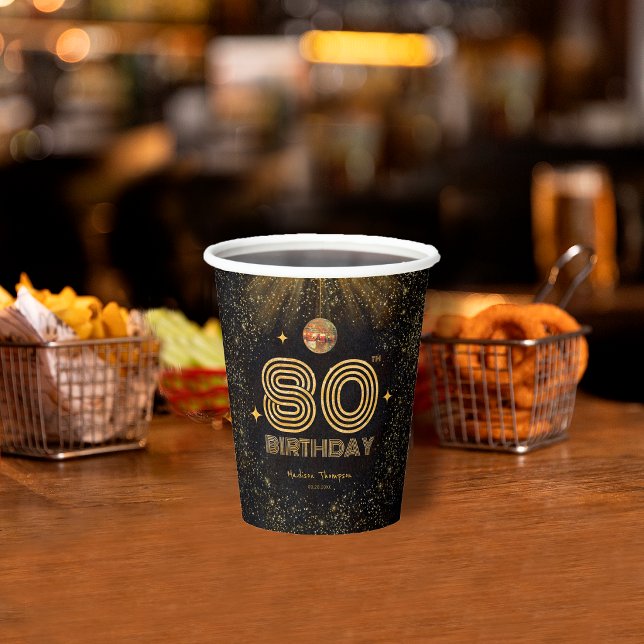 Black Gold Glitter Disco Ball Party 80th Birthday Paper Cups (Creator Uploaded)