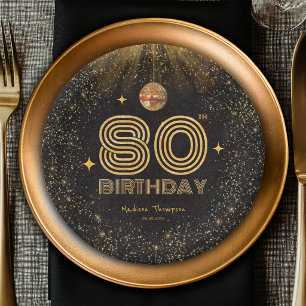Black Gold Glitter Disco Ball Party 80th Birthday Paper Plates