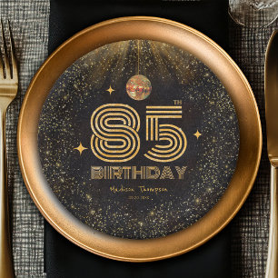 Black Gold Glitter Disco Ball Party 85th Birthday Paper Plates