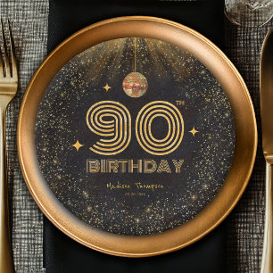 Black Gold Glitter Disco Ball Party 90th Birthday Paper Plates