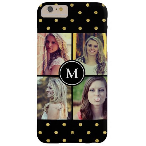 Black Gold Glitter Dots Photo Collage Monogrammed Barely There iPhone 6 Plus Case