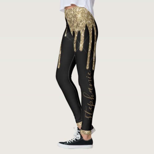 Black gold glitter drip chic custom name leggings