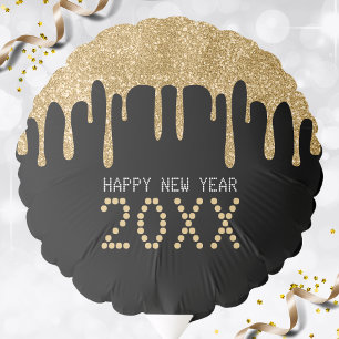 Black & Gold Glitter Drip Happy New Year 2024 Balloon