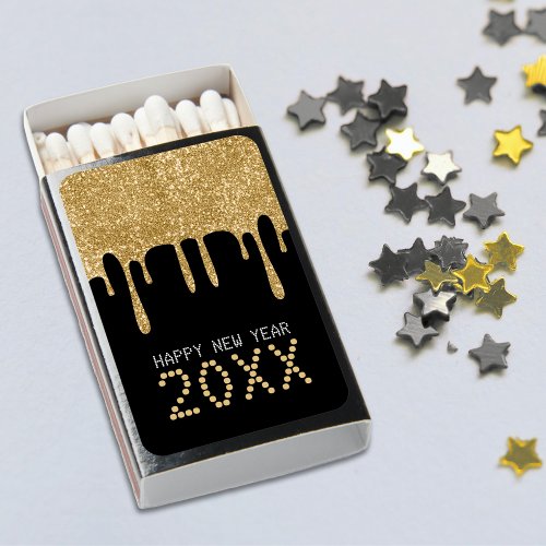 Black  Gold Glitter Drip Happy New Year 2024 Matchboxes