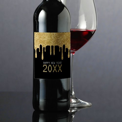 Black  Gold Glitter Drip Happy New Year 2024 Wine Label