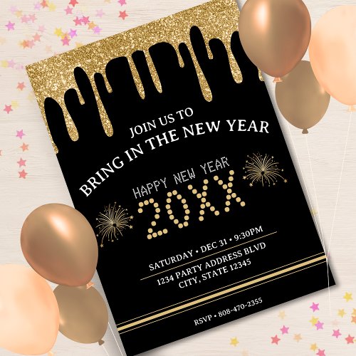 Black  Gold Glitter Drip New Years Eve Party 2024 Invitation