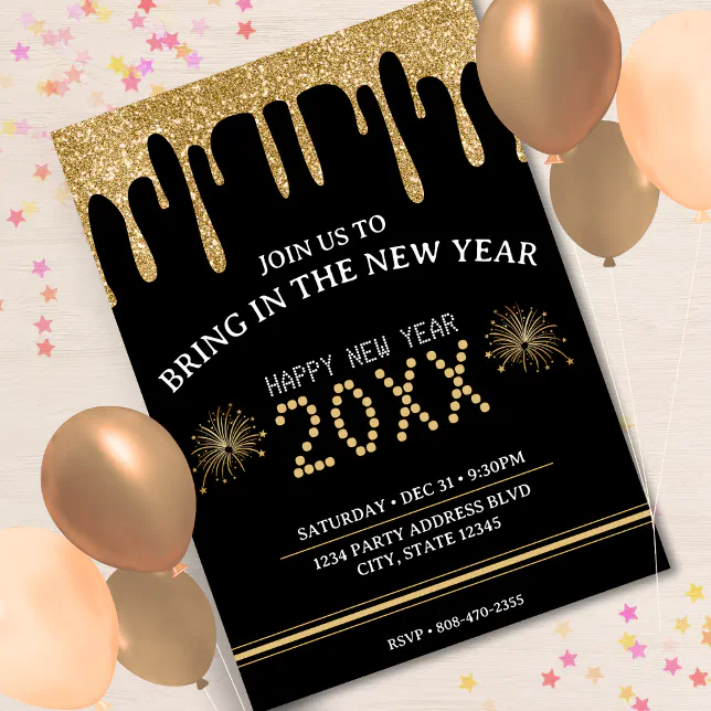 Black & Gold Glitter Drip New Years Eve Party 2024 Invitation | Zazzle