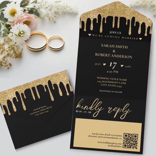 Black  Gold Glitter Drip QR Code Wedding All In One Invitation