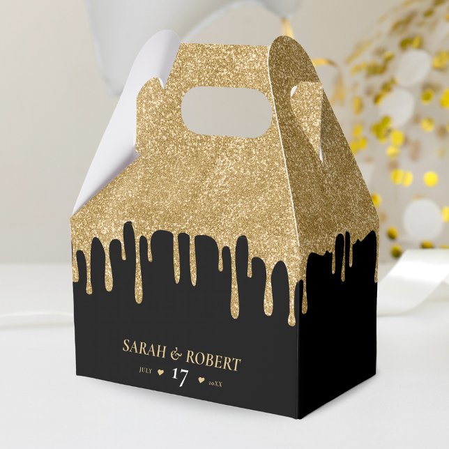 Black & Gold Glitter Drip Wedding Favor Boxes (Black & Gold Glitter Drip Wedding Favor Box)
