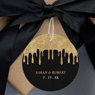 Black & Gold Glitter Drip Wedding Favor Tags