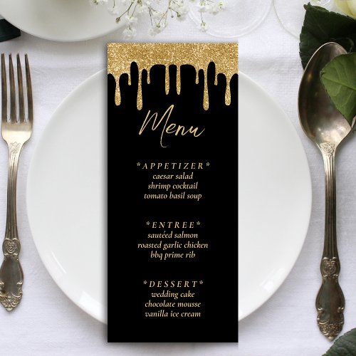 Black  Gold Glitter Drip Wedding Reception Menu