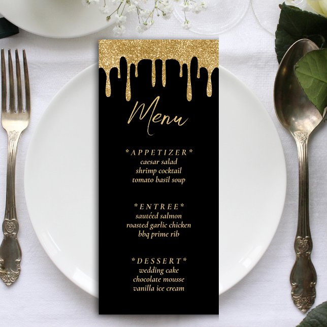 Black & Gold Glitter Drip Wedding Reception Menu (Black & Gold Glitter Drip Wedding Reception Menu)