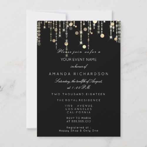 Black Gold Glitter Drips Birthday Graduation Party Invitation