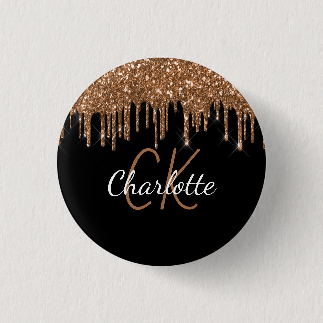Black gold glitter drips custom monogram name button (Front)