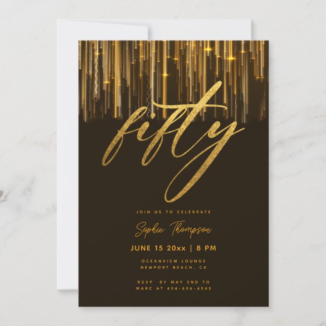 Black Gold Glitter Drips Elegant 50th Birthday Invitation (Front)