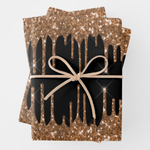 Black gold glitter drips girly luxury wrapping paper sheets